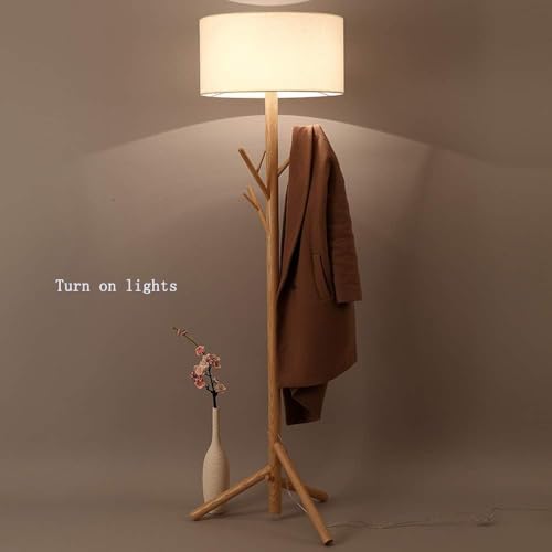 Lámpara de pie LED con Perchero, Regulable, de Madera, con 3 Ganchos, Pantalla de Tela, 3 Niveles de Brillo e Interruptor de pie, Moderna lámpara de p