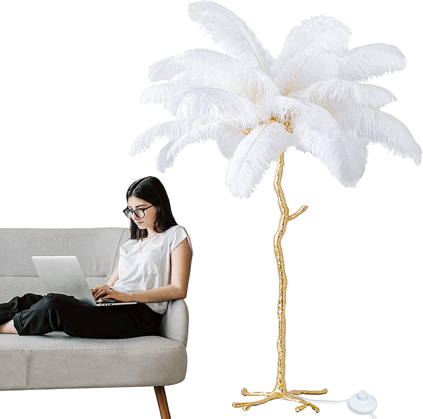 Lámpara de Pie de Plumas De Avestruz, Lámpara de Pie Regulable LED Moderna, Lámpara de Lectura de Dormitorio de Princesa Romántica, Lámpara de Esquina Alta para Sala de Estar y Oficina (120cm, Weiß)