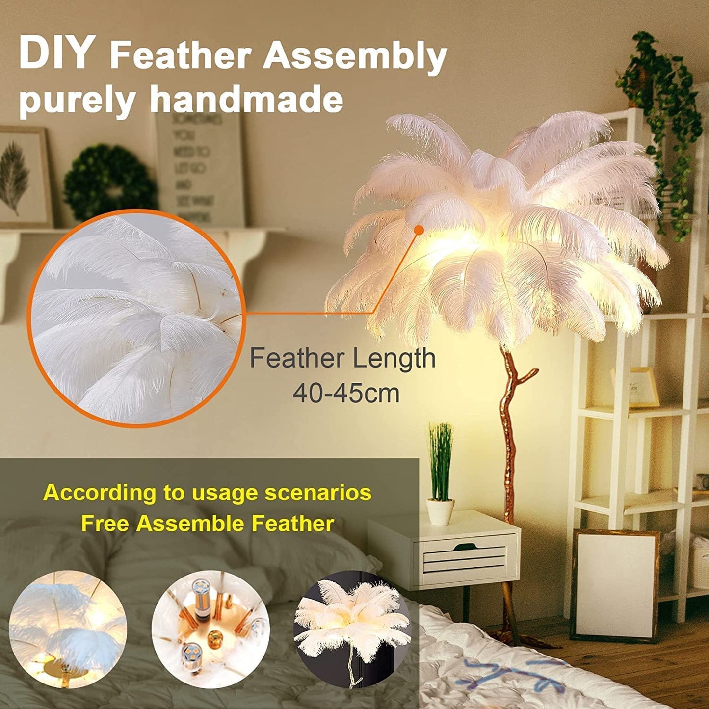 Lámpara de Pie de Plumas De Avestruz, Lámpara de Pie Regulable LED Moderna, Lámpara de Lectura de Dormitorio de Princesa Romántica, Lámpara de Esquina Alta para Sala de Estar y Oficina (120cm, Weiß)