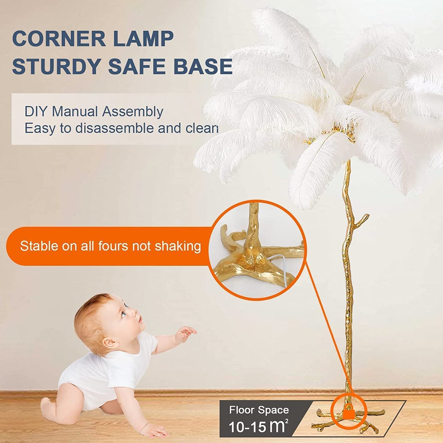 Lámpara de Pie de Plumas De Avestruz, Lámpara de Pie Regulable LED Moderna, Lámpara de Lectura de Dormitorio de Princesa Romántica, Lámpara de Esquina Alta para Sala de Estar y Oficina (120cm, Weiß)