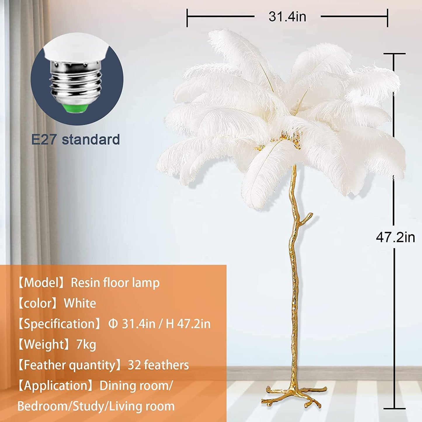 Lámpara de Pie de Plumas De Avestruz, Lámpara de Pie Regulable LED Moderna, Lámpara de Lectura de Dormitorio de Princesa Romántica, Lámpara de Esquina Alta para Sala de Estar y Oficina (120cm, Weiß)