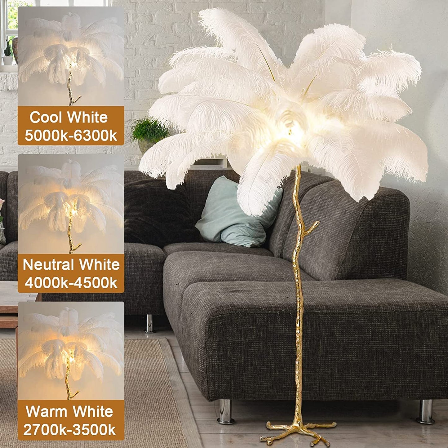 Lámpara de Pie de Plumas De Avestruz, Lámpara de Pie Regulable LED Moderna, Lámpara de Lectura de Dormitorio de Princesa Romántica, Lámpara de Esquina Alta para Sala de Estar y Oficina (120cm, Weiß)