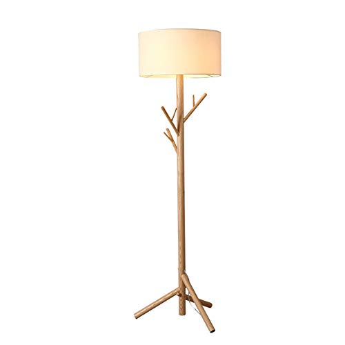 Lámpara de pie LED con Perchero, Regulable, de Madera, con 3 Ganchos, Pantalla de Tela, 3 Niveles de Brillo e Interruptor de pie, Moderna lámpara de p