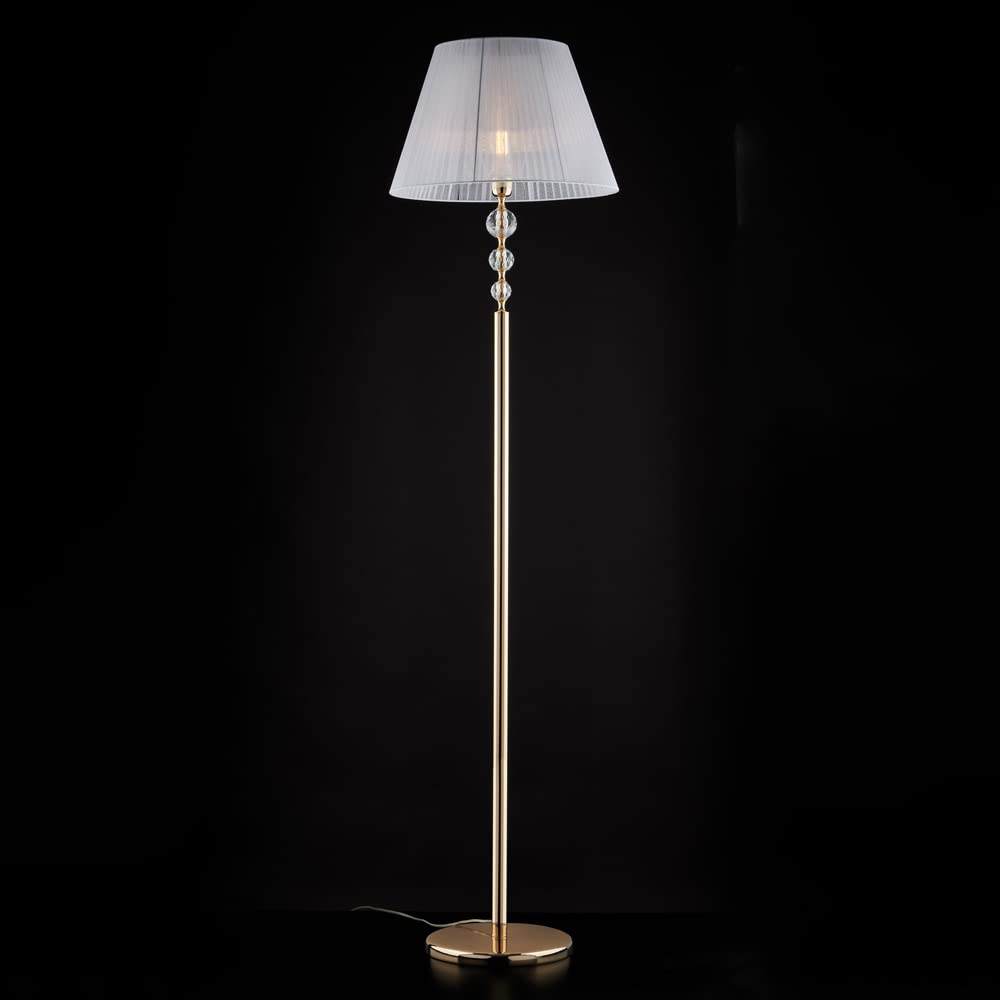 Lámpara de pie de cristal transparente y oro brillante con pantalla de tela blanca clásica, 1 luz para pasillo, salón, comedor, dormitorio, bon-501
