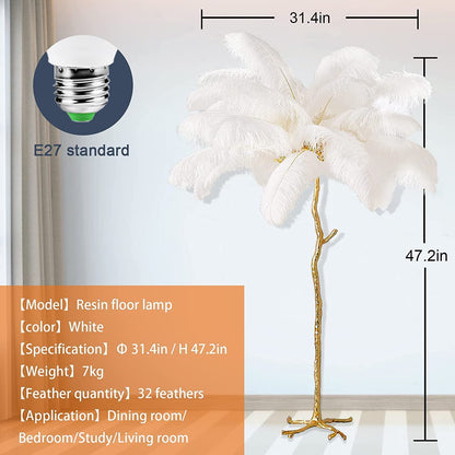 Lámpara de Pie de Plumas De Avestruz, Lámpara de Pie Regulable LED Moderna, Lámpara de Lectura de Dormitorio de Princesa Romántica, Lámpara de Esquina Alta para Sala de Estar y Oficina (120cm, Weiß)