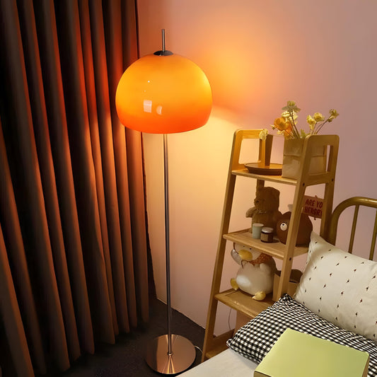 Lámpara de pie Moderna de Mediados de Siglo, Naranja, Alta, con Pantalla de Cristal en Forma de cúpula Naranja degradada, Poste Alto de Color Cromo para el Dormitorio del hogar.